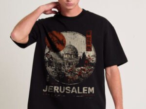 Model wearing black Jerusalem T Shirt Palestine with Dome of the Rock artwork – Free Palestine t shirt for Muslim men in India