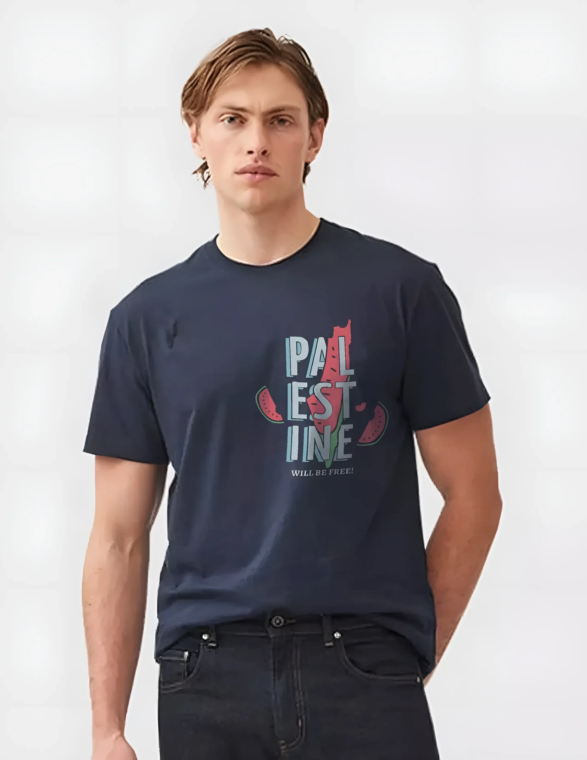 Navy blue Palestine Will Be Free t shirt with watermelon protest design – Free Palestine t shirt in India