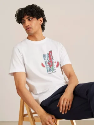 white Palestine Will Be Free t shirt with watermelon protest design – Free Palestine t shirt in India