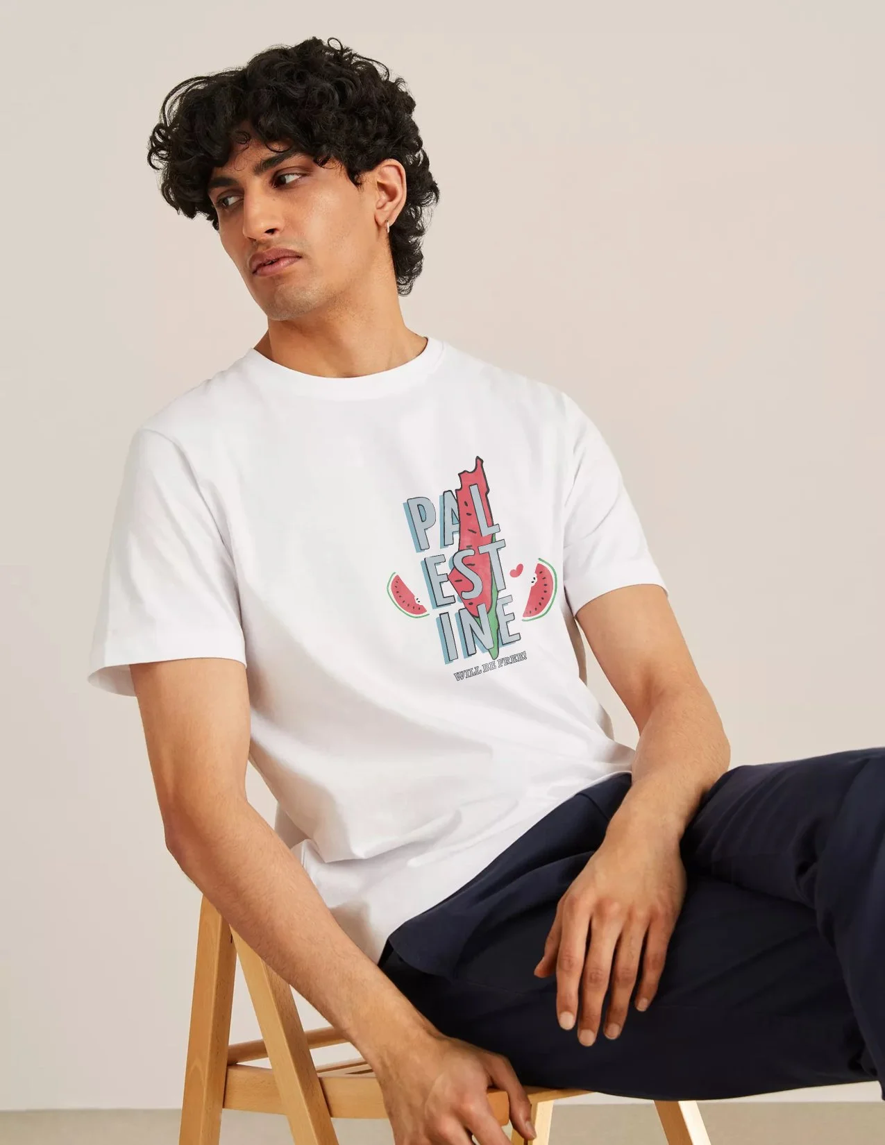 white Palestine Will Be Free t shirt with watermelon protest design – Free Palestine t shirt in India