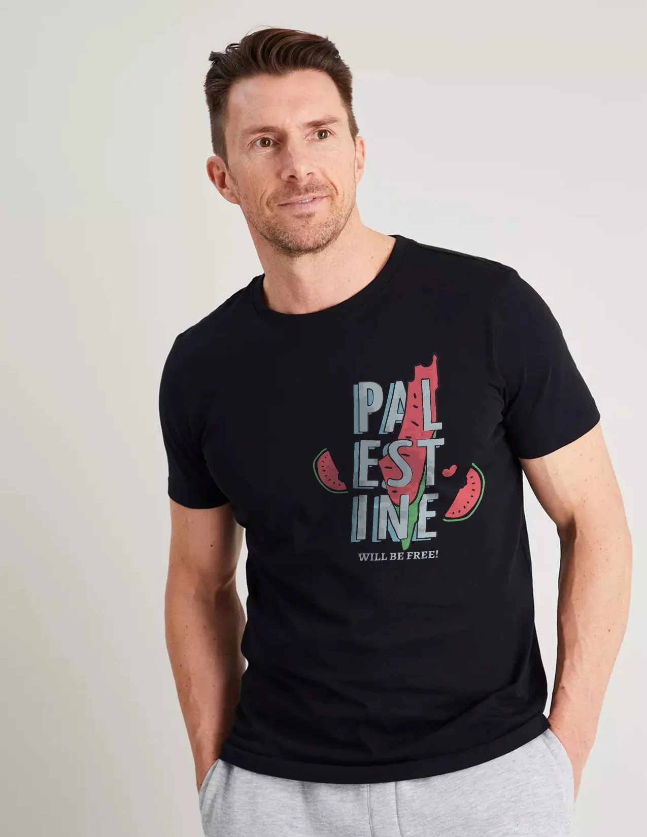 Black Palestine Will Be Free t shirt with watermelon protest design – Free Palestine t shirt in India for Muslim youth