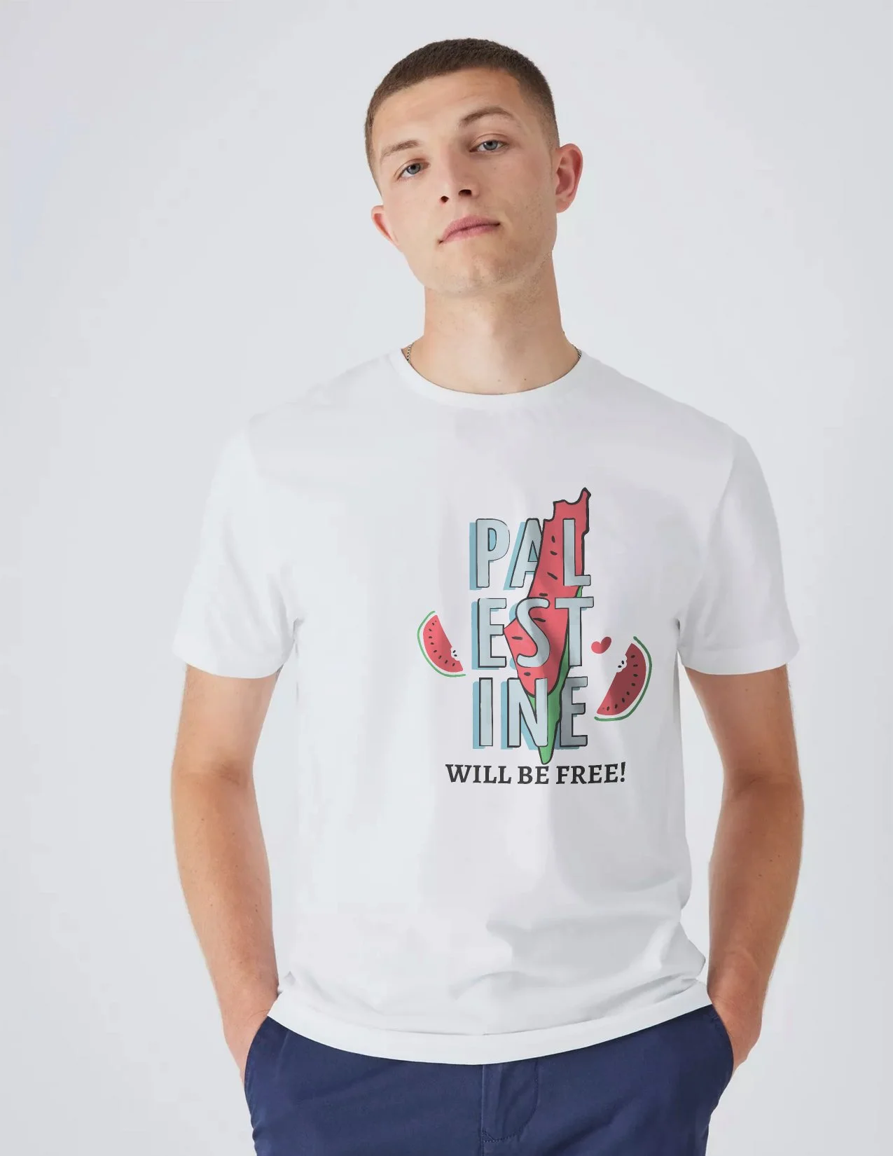 white Palestine Will Be Free t shirt with watermelon protest design – Free Palestine t shirt in India for Muslim youth
