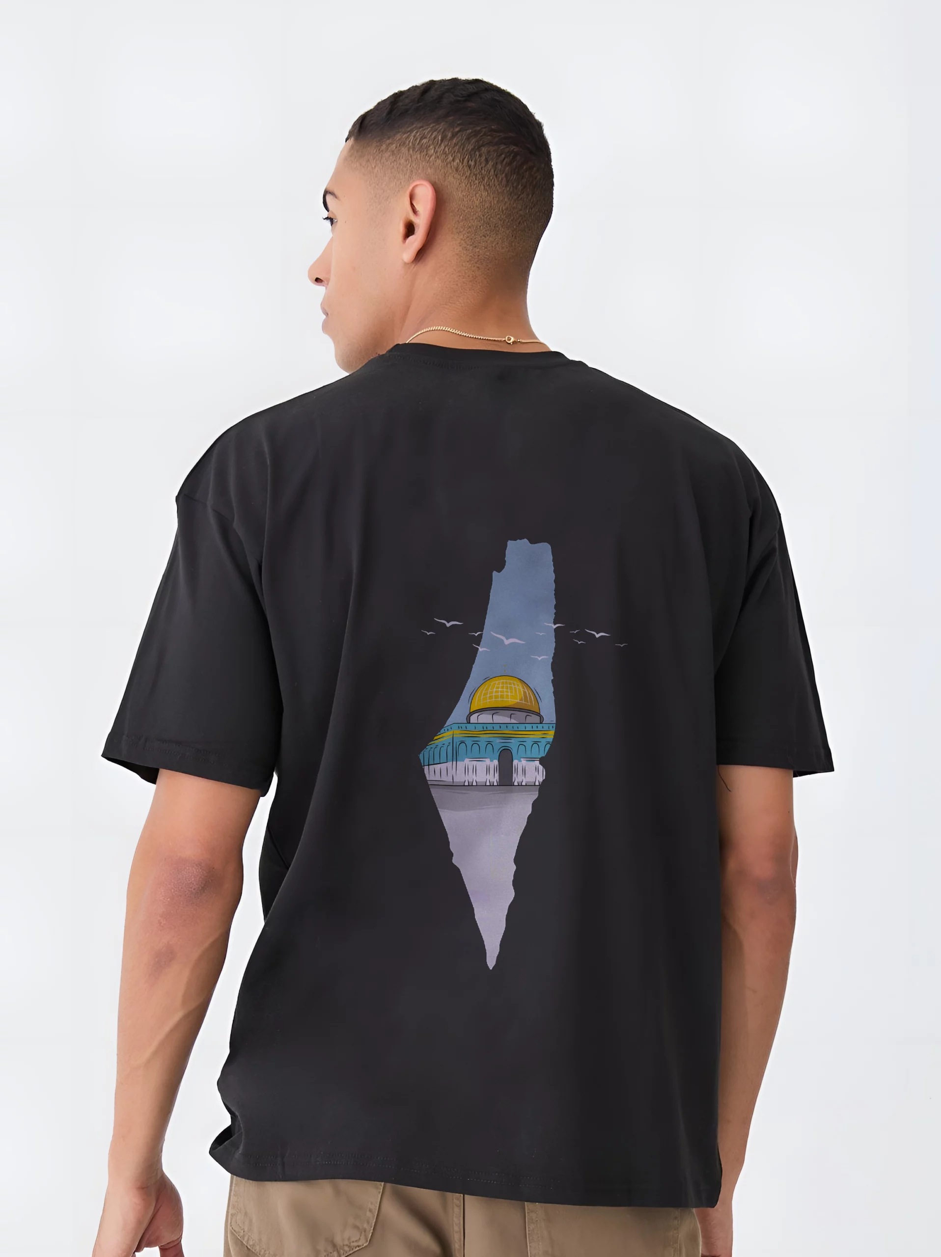Back of black Palestine T-shirt featuring Dome of the Rock inside Palestine map outline – exclusive design from Zaroodi India.